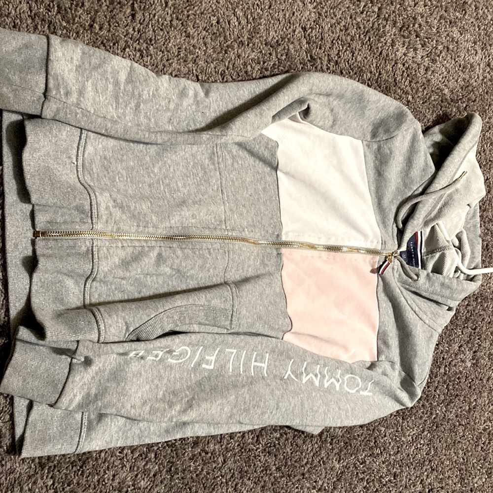 Pink, white and grey tommy hilfiger sweater